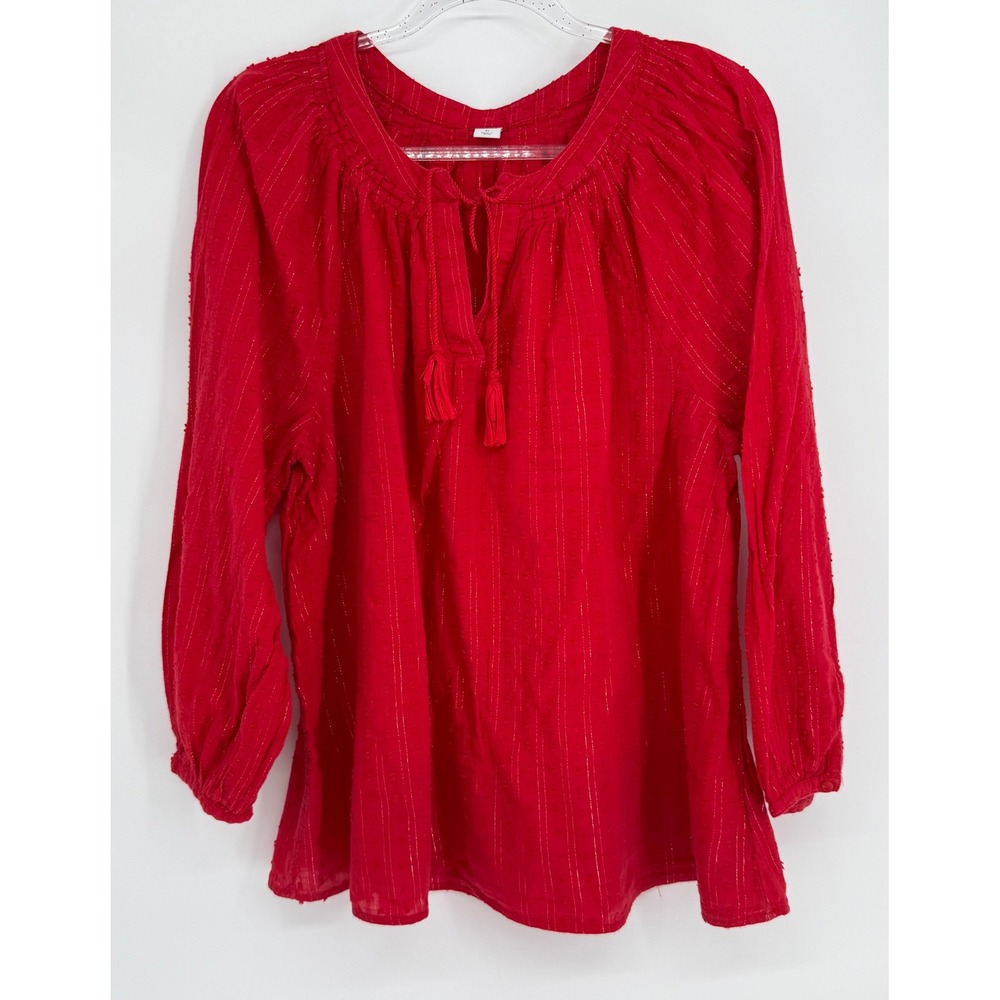 Old Navy Womens Sz XL Red Metallic Pinstripe Tassel Tie Peasant Blouse Top
